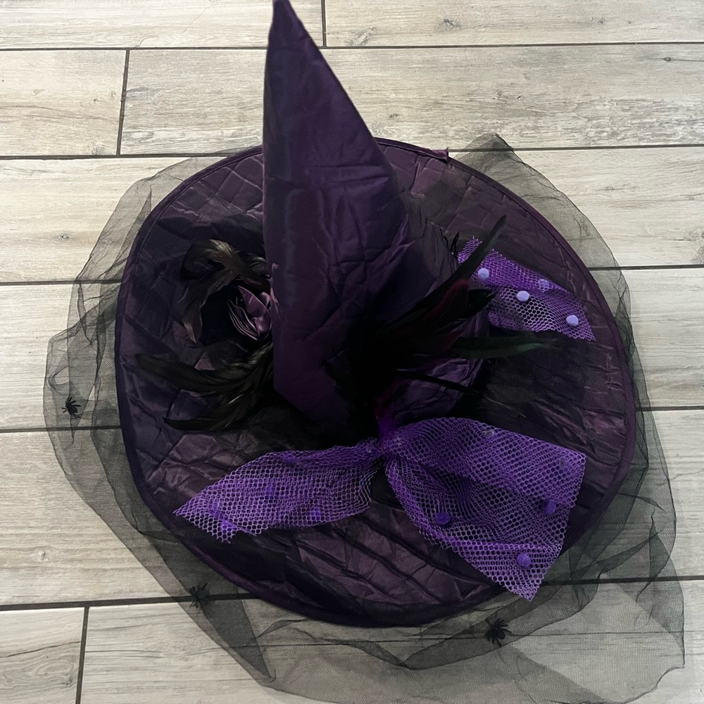 Purple Witch Hat with Black Mesh and Feathers